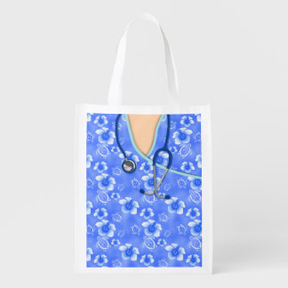 White And Blue Hibiscus Island Medical Scrubs Reusable Grocery Bag