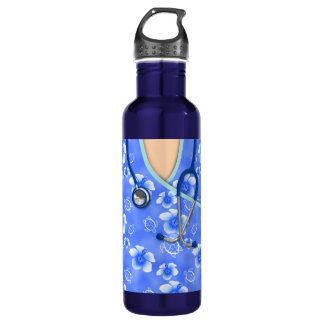 White And Blue Hibiscus Island Medical Scrubs Water Bottle