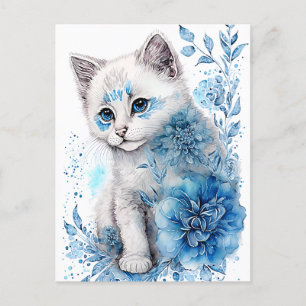 White and Blue Kitten with Flowers Postcard