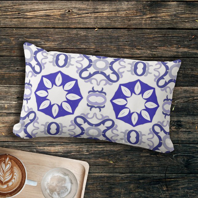 White And Blue Mediterranean Portuguese Pattern Lumbar Pillow (Creator Uploaded)