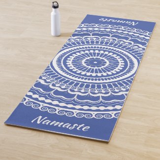 White and Blue Mehndi Henna Mandala Yoga Mat