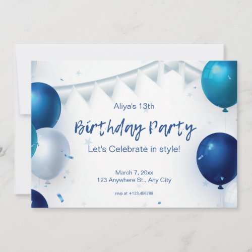 White and Blue Modern Birthday Party Invitation