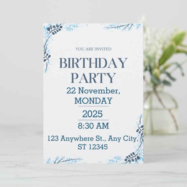 White and Blue Modern Birthday Party  Invitation (Standing Front)