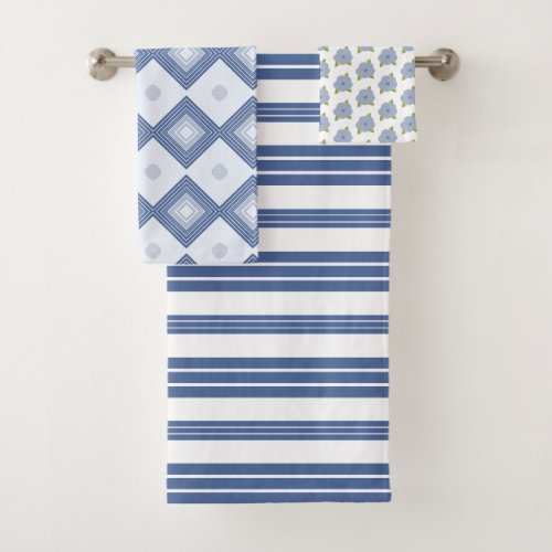 White And Blue Modern Floral And Stripe Mixed Bath Towel Set