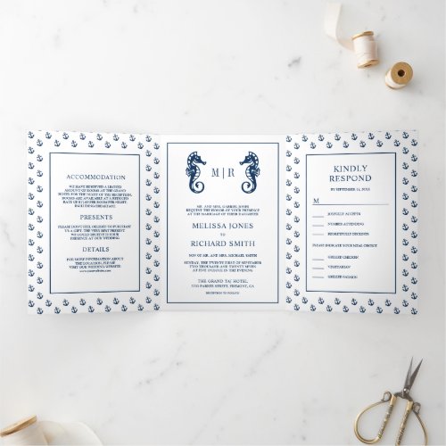 White and Blue Nautical Anchor Seahorse Wedding Tri_Fold Invitation