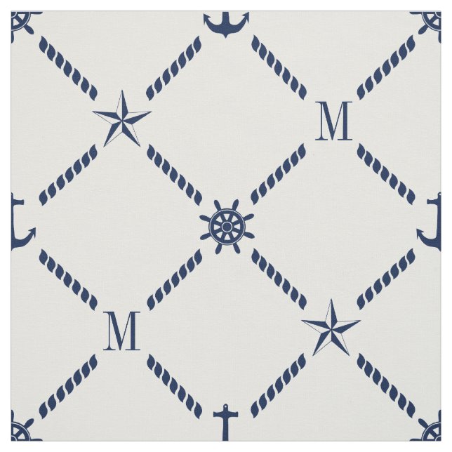 White and Blue Nautical Monogram Fabric (Swatch)