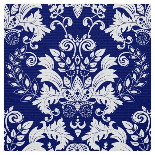 White And Blue Ornate Floral Damasks Fabric