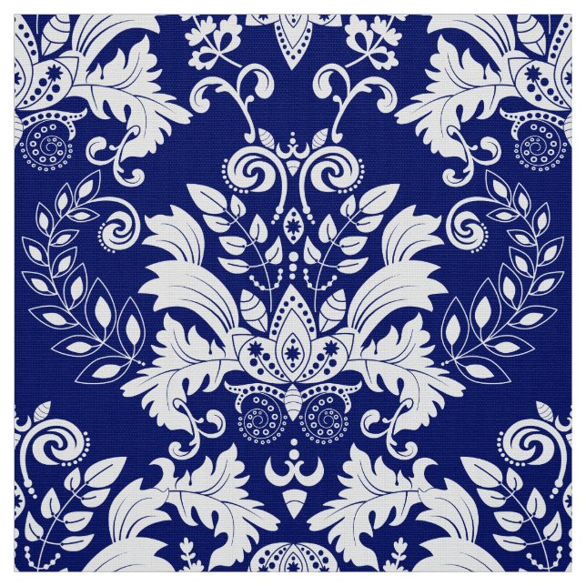 White And Blue Ornate Floral Damasks Fabric (Swatch)