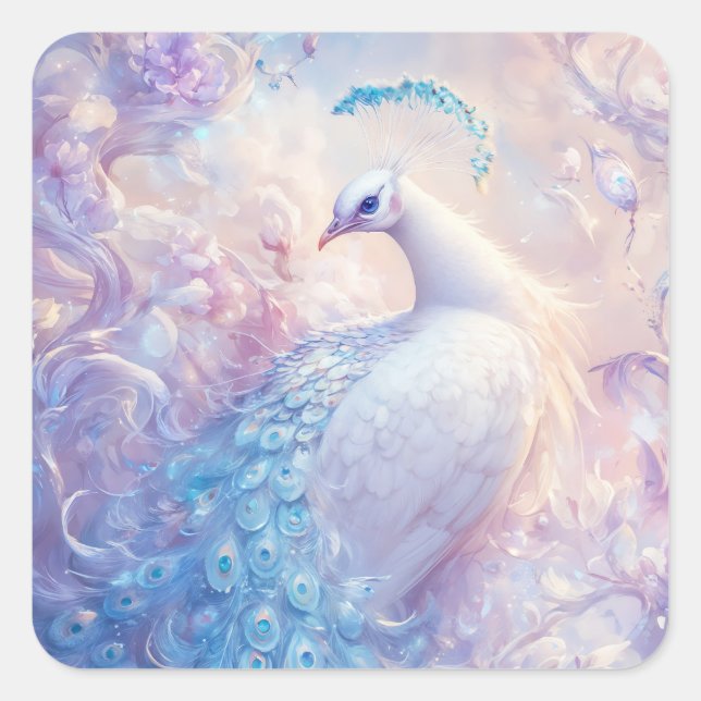 White and Blue Peacock in Ethereal Fantasy Garden Square Sticker (Front)