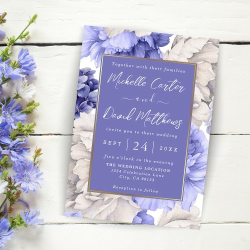 White And Blue Peony Florals Wedding Invitation