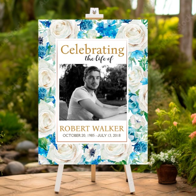  White and blue Photo Funeral Memorial Sign (Creator Uploaded)