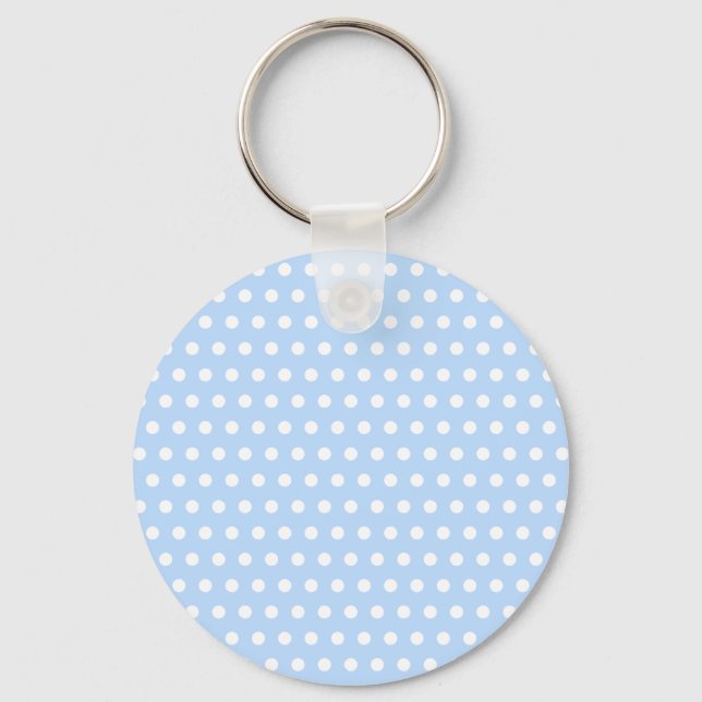 White and Blue Polka Dot Pattern. Spotty. Keychain (Front)