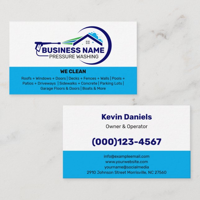 White and Blue Pressure Washing Services Business Card (Front/Back)