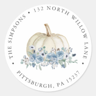 White and Blue Pumpkin Return Address Classic Round Sticker