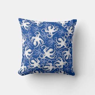 White And Blue Repeating Motif | Octopus Pattern Throw Pillow