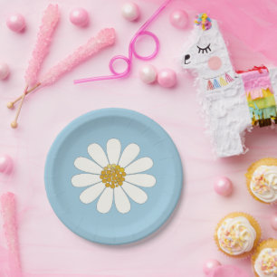 White and Blue Retro Modern Daisy Flower Paper Plates