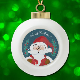 White and Blue Santa Christmas Ball  Ornament