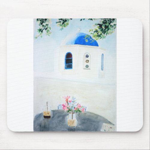 white and blue Santorini church Mouse Pad