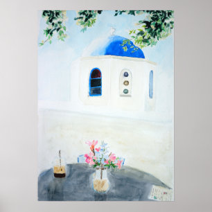 white and blue Santorini church Poster