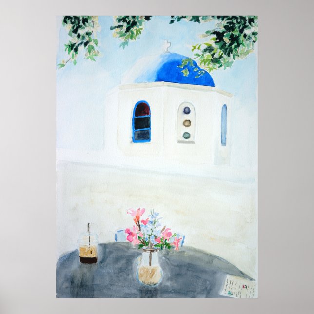 white and blue Santorini church  Poster (Front)
