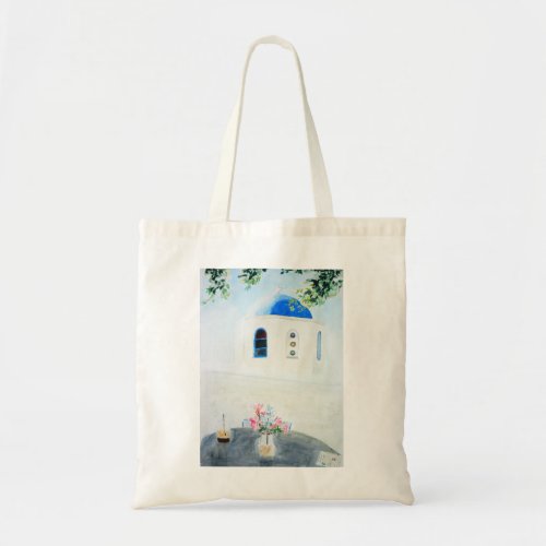 white and blue Santorini church Tote Bag