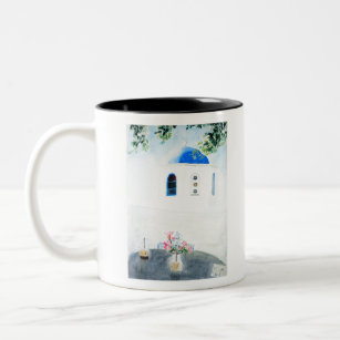 white and blue Santorini church Two-Tone Coffee Mug