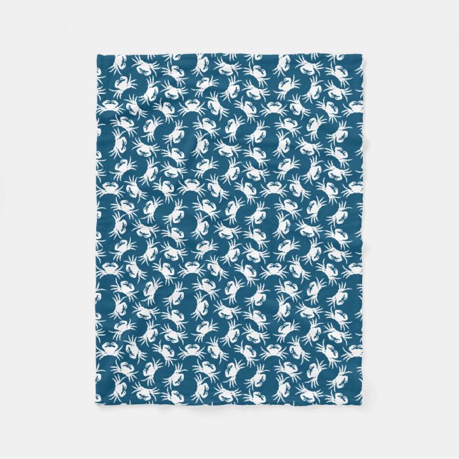 White and Blue Seamless Crab Pattern Fleece Blanket (Front)