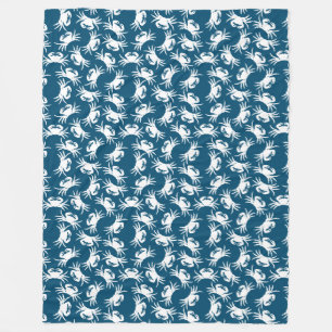 White and Blue Seamless Crab Pattern Fleece Blanket
