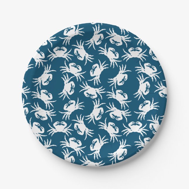 White and Blue Seamless Crab Pattern Paper Plates (Front)