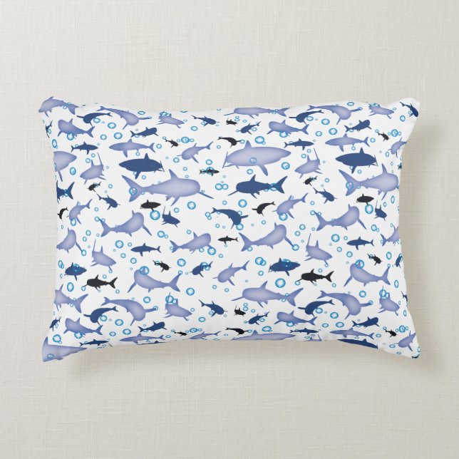 White and Blue Shark Silhouette Pattern Accent Pillow (Front)