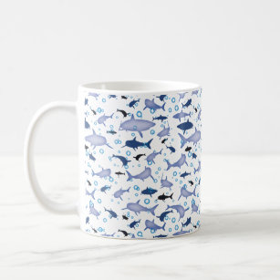 White and Blue Shark Silhouette Pattern Coffee Mug