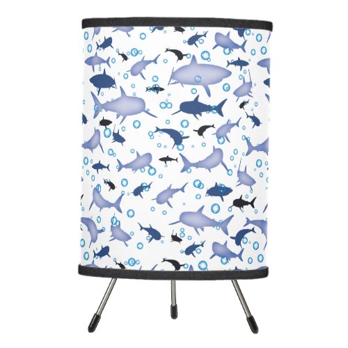 White and Blue Shark Silhouette Pattern Tripod Lamp