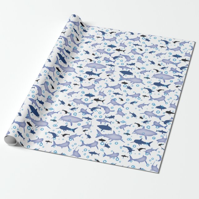 White and Blue Shark Silhouette Pattern Wrapping Paper (Unrolled)