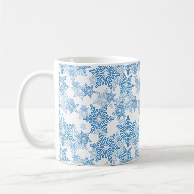 White and Blue Snowflake Seamless Pattern Coffee Mug (Left)