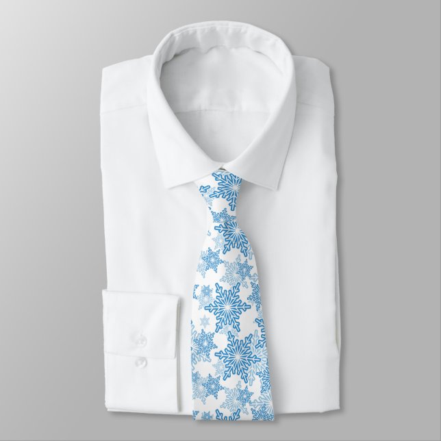 White and Blue Snowflake Seamless Pattern Neck Tie (Tied)