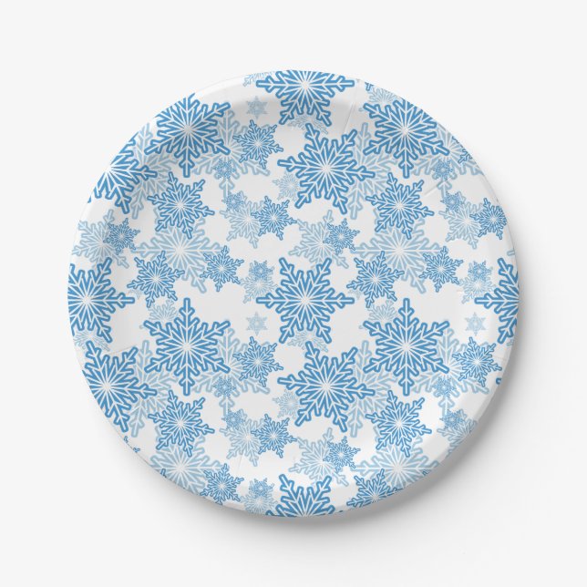 White and Blue Snowflake Seamless Pattern Paper Plates (Front)