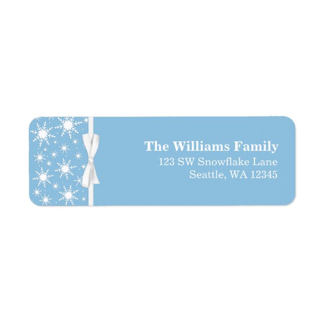 White and Blue Snowflakes Ribbon Christmas Address Label (Front)