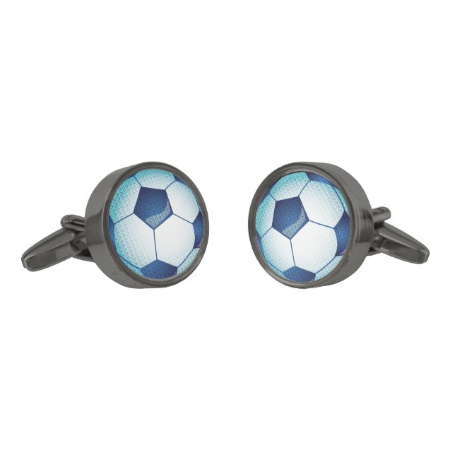 White And Blue Soccer Ball Gunmetal Finish Cufflinks (Angled)