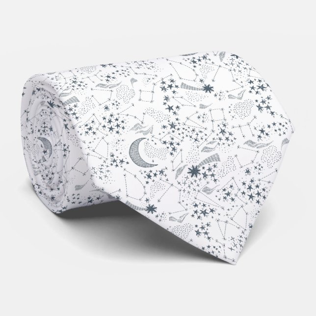 White And Blue Starry Moon Pattern Neck Tie (Rolled)