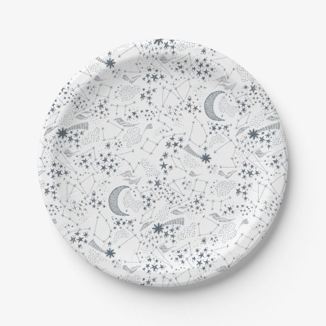 White And Blue Starry Moon Pattern Paper Plates (Front)