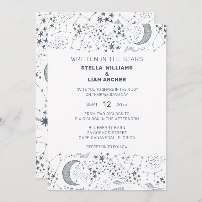 White And Blue Starry Moon Pattern Wedding Invitation (Front/Back)
