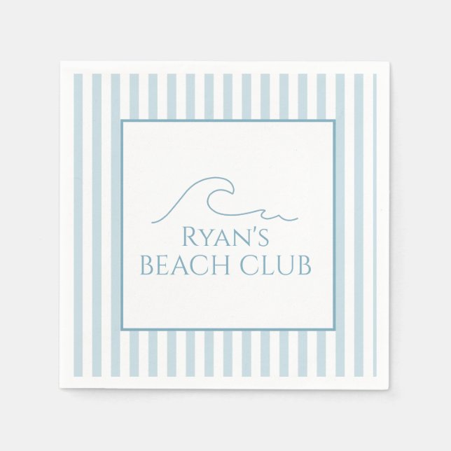 White and Blue Stripe Beach Club Cabana Birthday  Napkins (Front)