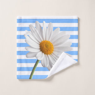 White and Blue Stripe Daisy Bathroom Towel Sets