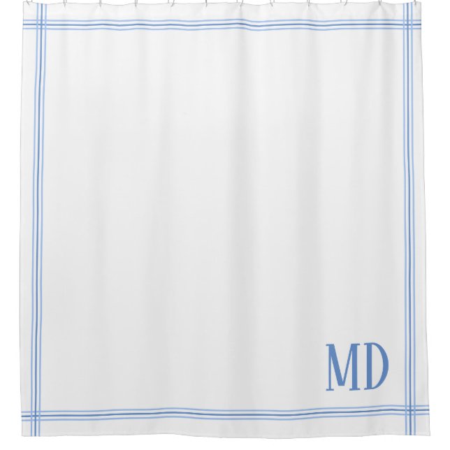  White and Blue Striped Custom Initials Shower Curtain (Front)