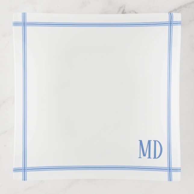 White and Blue Striped Custom Initials Trinket Tray (Front)