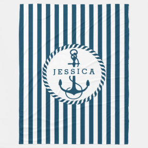 White And Blue Stripes And Nautical Boat Anchor Fleece Blanket