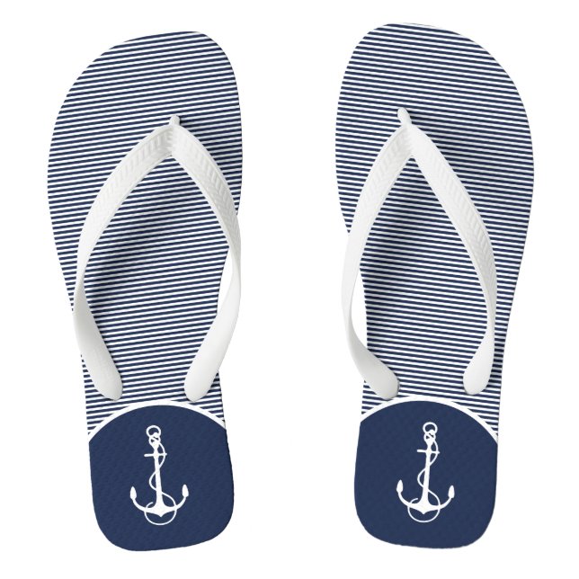 White And Blue Stripes & Nautical Boat Anchor Flip Flops (Footbed)
