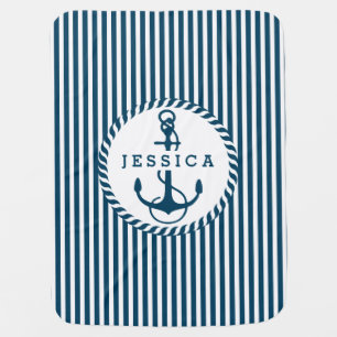 White And Blue Stripes & Nautical Boat Anchor Stroller Blanket