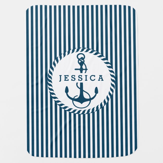 White And Blue Stripes & Nautical Boat Anchor Stroller Blanket (Front)