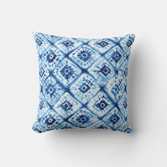White and Blue Tie Dye Pattern Throw Pillow (Front)